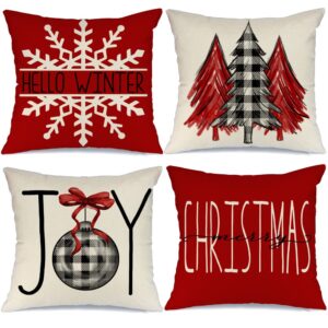 GEEORY Christmas Pillow Covers 18x18 Set of 4 for Xmas Decorations Buffalo Plaid Check Christmas Tree Joy Snow Pillow Cases Winter Holiday Throw Pillows Farmhouse Decor for Couch