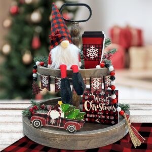 Christmas Tiered Tray Decorations, Christmas Wooden Signs & Gnome Plush Decor Buffalo Plaid 6 PCS for Home Indoor Table, Xmas Tabletop Farmhouse Rustic for Home Kitchen Holiday