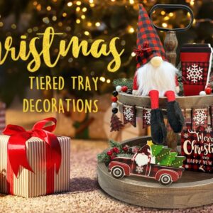 Christmas Tiered Tray Decorations, Christmas Wooden Signs & Gnome Plush Decor Buffalo Plaid 6 PCS for Home Indoor Table, Xmas Tabletop Farmhouse Rustic for Home Kitchen Holiday