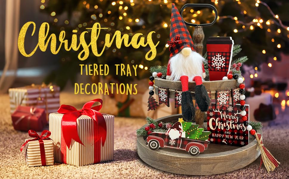 Christmas Tiered Tray Decorations, Christmas Wooden Signs & Gnome Plush Decor Buffalo Plaid 6 PCS for Home Indoor Table, Xmas Tabletop Farmhouse Rustic for Home Kitchen Holiday