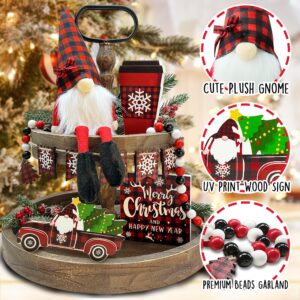 Christmas Tiered Tray Decorations, Christmas Wooden Signs & Gnome Plush Decor Buffalo Plaid 6 PCS for Home Indoor Table, Xmas Tabletop Farmhouse Rustic for Home Kitchen Holiday