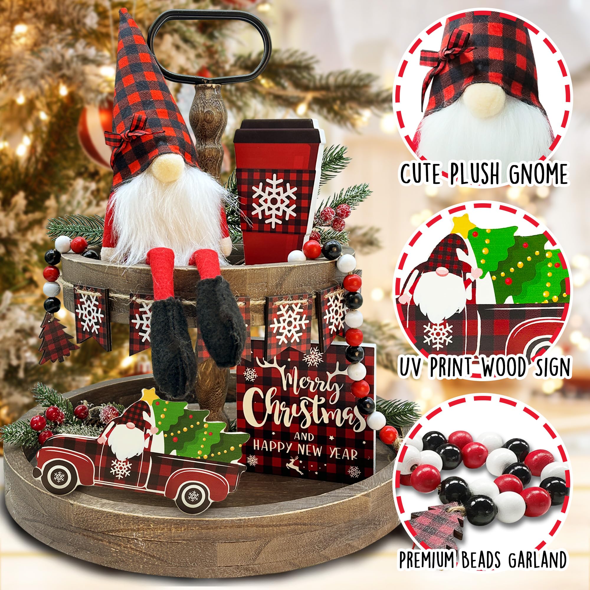 Christmas Tiered Tray Decorations, Christmas Wooden Signs & Gnome Plush Decor Buffalo Plaid 6 PCS for Home Indoor Table, Xmas Tabletop Farmhouse Rustic for Home Kitchen Holiday