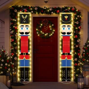 Nutcracker Christmas Decorations Nutcrackers Banners Porch with LED String Lights Xmas Nutcracker Decor Tall Soldier Model Nutcracker Outdoor Banners for Home Front Door Yard Holiday Party (White)