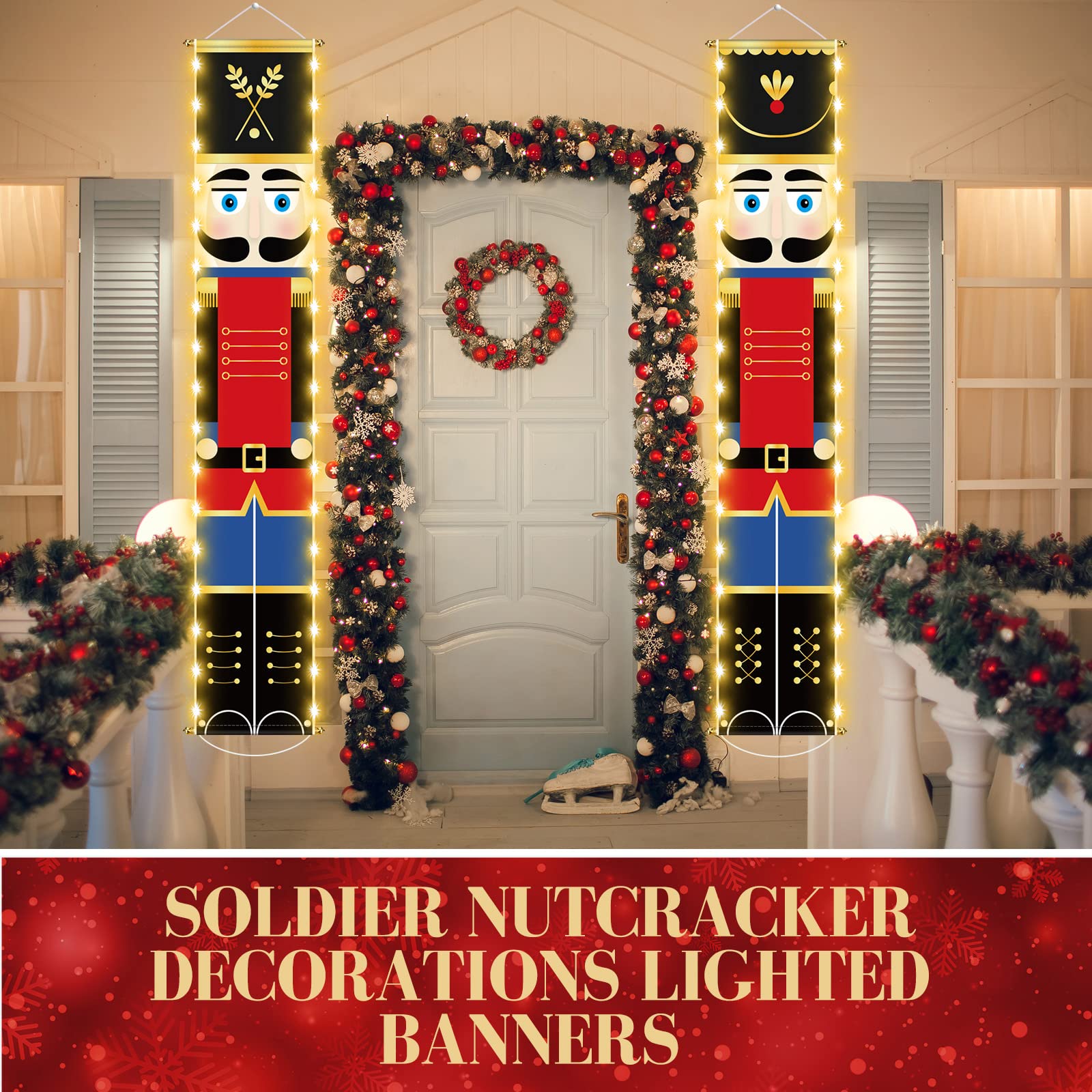 Nutcracker Christmas Decorations Nutcrackers Banners Porch with LED String Lights Xmas Nutcracker Decor Tall Soldier Model Nutcracker Outdoor Banners for Home Front Door Yard Holiday Party (White)