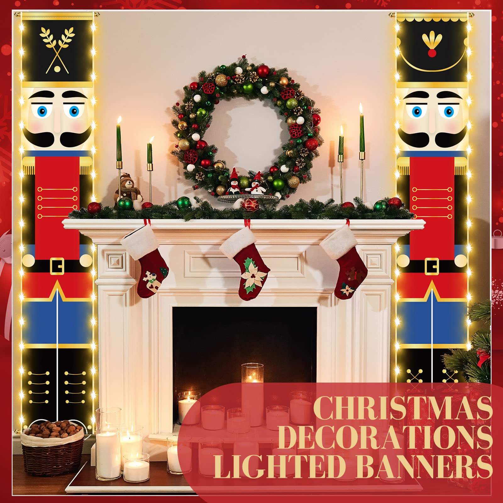 Nutcracker Christmas Decorations Nutcrackers Banners Porch with LED String Lights Xmas Nutcracker Decor Tall Soldier Model Nutcracker Outdoor Banners for Home Front Door Yard Holiday Party (White)