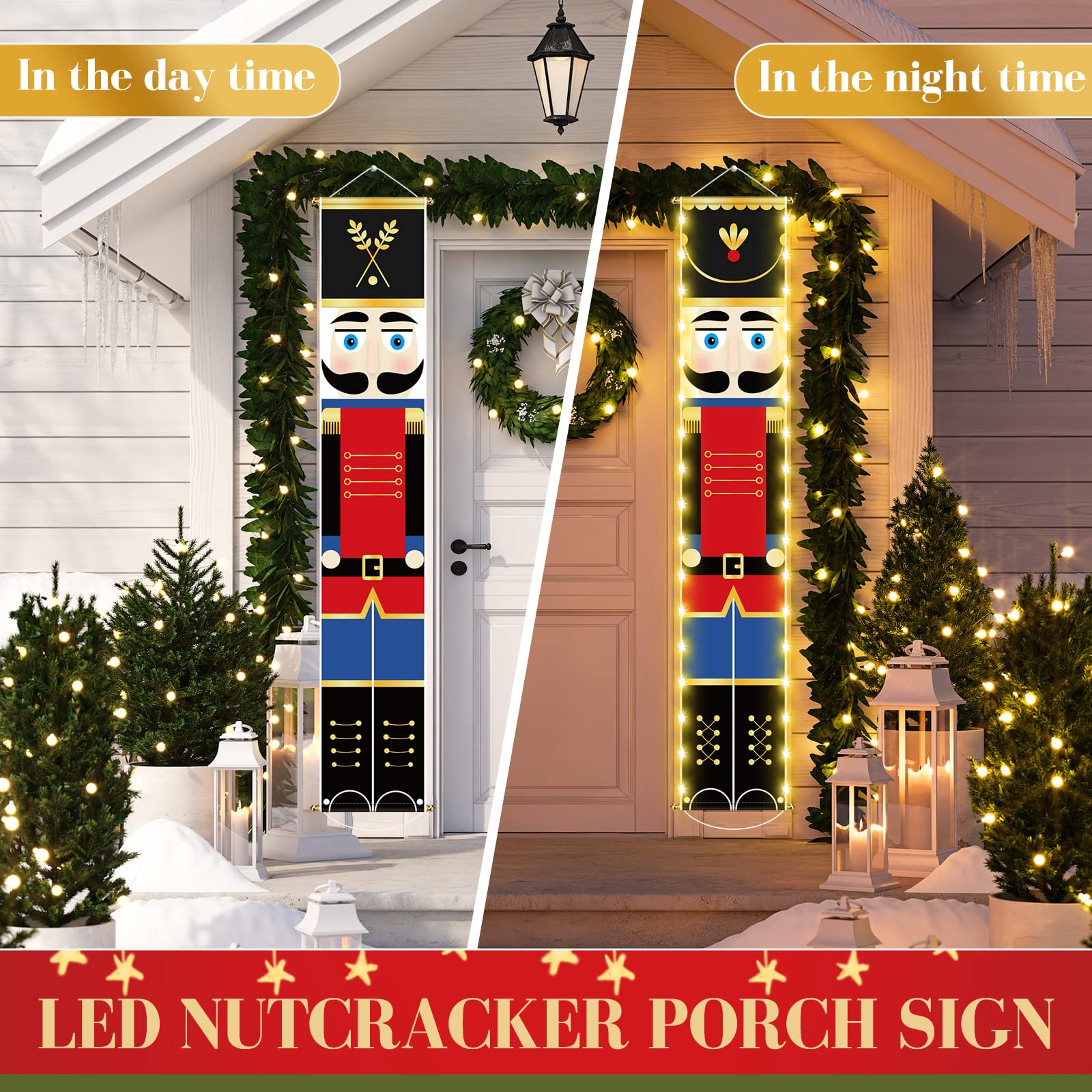 Nutcracker Christmas Decorations Nutcrackers Banners Porch with LED String Lights Xmas Nutcracker Decor Tall Soldier Model Nutcracker Outdoor Banners for Home Front Door Yard Holiday Party (White)