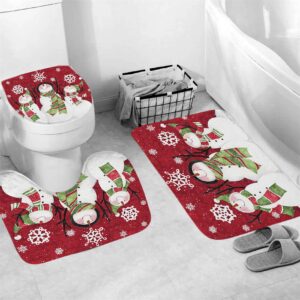 AZHM Christmas Shower Curtain Sets with Non-Slip Rugs Toilet Lid Cover and Bath Mat Snowman Shower Curtains with 12 Hooks 4 Piece Bathroom Decor Set Xmas Gifts for Christmas