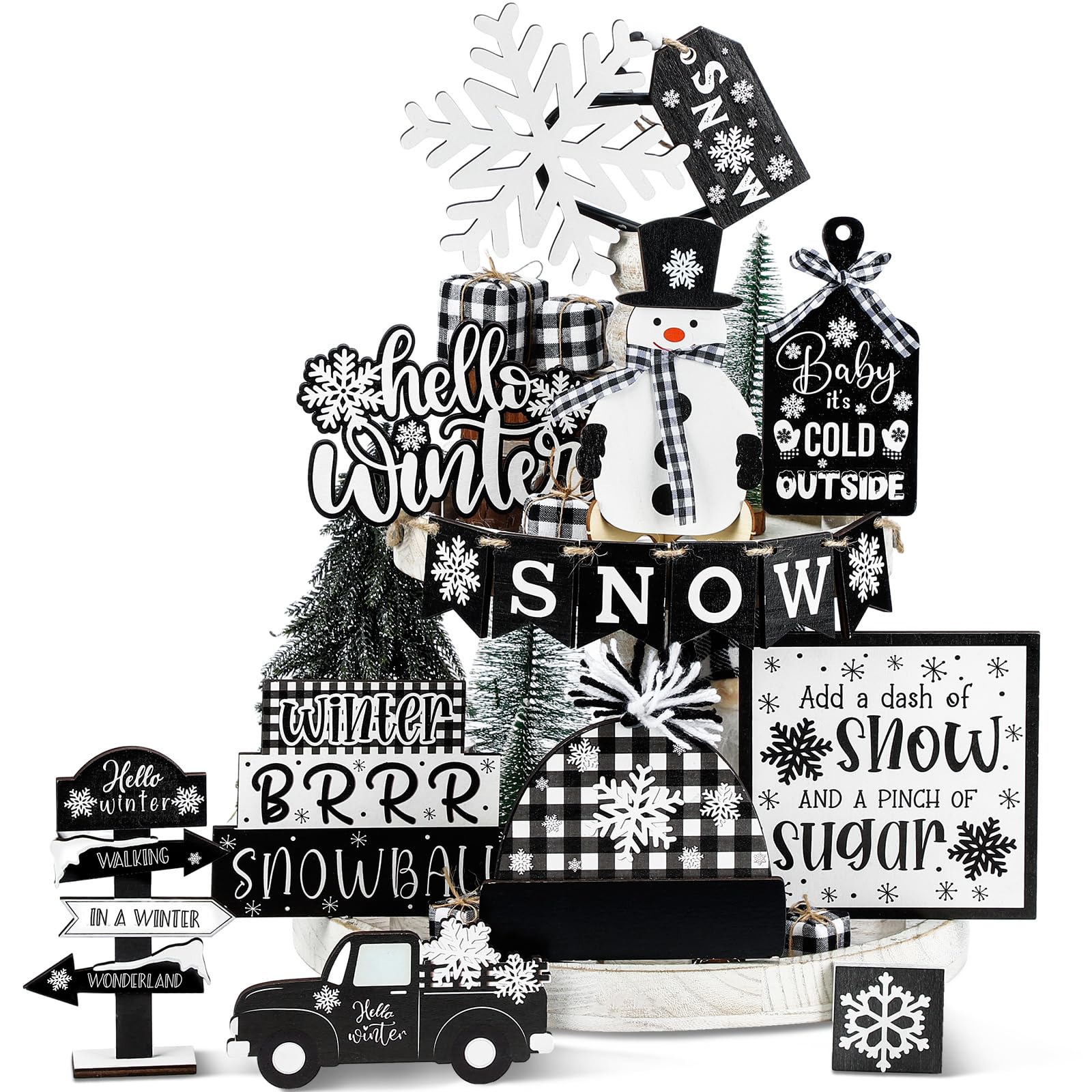 Black and White Plaid Christmas Tiered Tray Decor - Snowman, Snowflake, Gnome, Truck, Xmas Tree Wooden Signs for Table Shelf