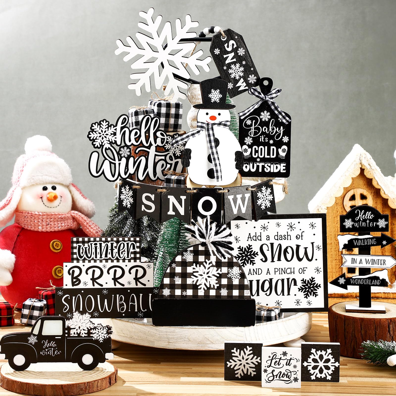 Black and White Plaid Christmas Tiered Tray Decor - Snowman, Snowflake, Gnome, Truck, Xmas Tree Wooden Signs for Table Shelf