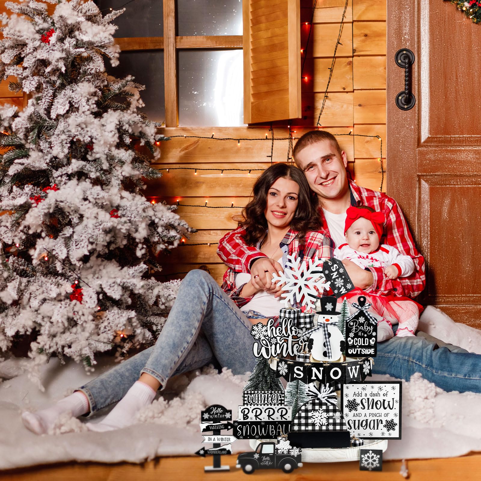 Black and White Plaid Christmas Tiered Tray Decor - Snowman, Snowflake, Gnome, Truck, Xmas Tree Wooden Signs for Table Shelf