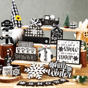 Black and White Plaid Christmas Tiered Tray Decor - Snowman, Snowflake, Gnome, Truck, Xmas Tree Wooden Signs for Table Shelf