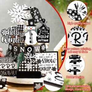 Black and White Plaid Christmas Tiered Tray Decor - Snowman, Snowflake, Gnome, Truck, Xmas Tree Wooden Signs for Table Shelf