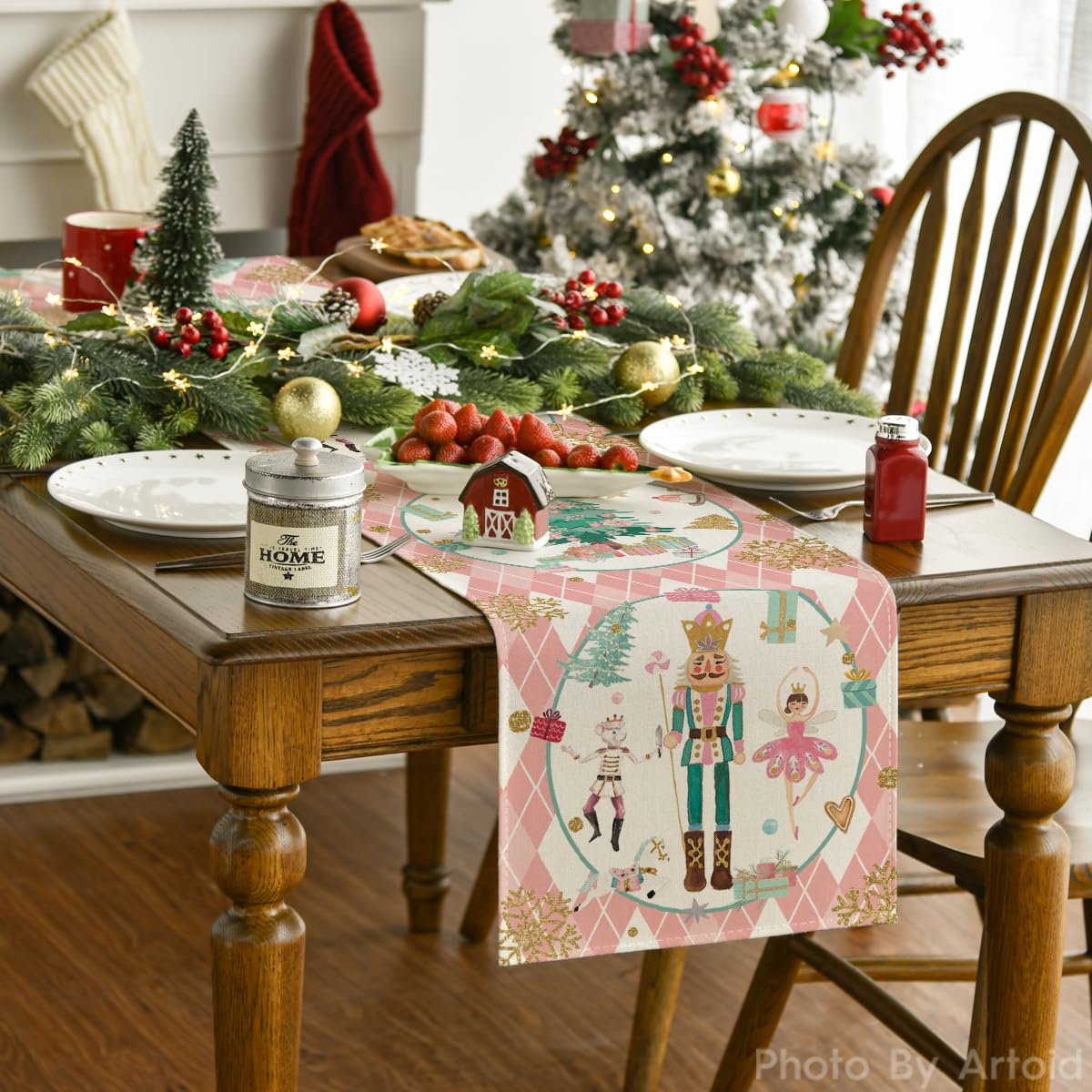 Artoid Mode Pink Diamond Plaid Nutcracker Snowflake Christmas Table Runner, Seasonal Winter Kitchen Dining Table Decoration for Home Party Decor 13x72 Inch