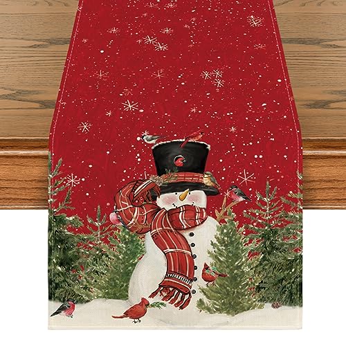 Artoid Mode Snowman Christmas Birds Trees Table Runner, Seasonal Winter Xmas Holiday Kitchen Dining Table Decoration for Indoor Outdoor Home Party Decor 13 x 72 Inch