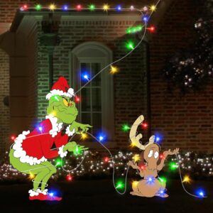 outdoor christmas yard decorations - 2pcs green couple gnome christmas yard signs with yard stakes, led string lights for yard garden lawn christmas outdoor light decor