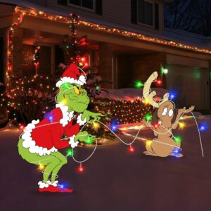 Outdoor Christmas Yard Decorations - 2pcs Green Couple Gnome Christmas Yard Signs with Yard Stakes, LED String Lights for Yard Garden Lawn Christmas Outdoor Light Decor