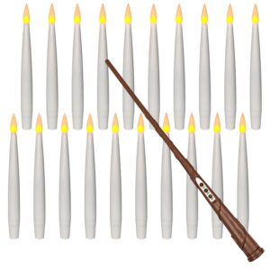 leejec floating candles with magic wand remote (6/18h timer), 20pcs 6.1” hanging flameless taper candles, flickering warm light, halloween christmas classroom windows wedding party decor(white)