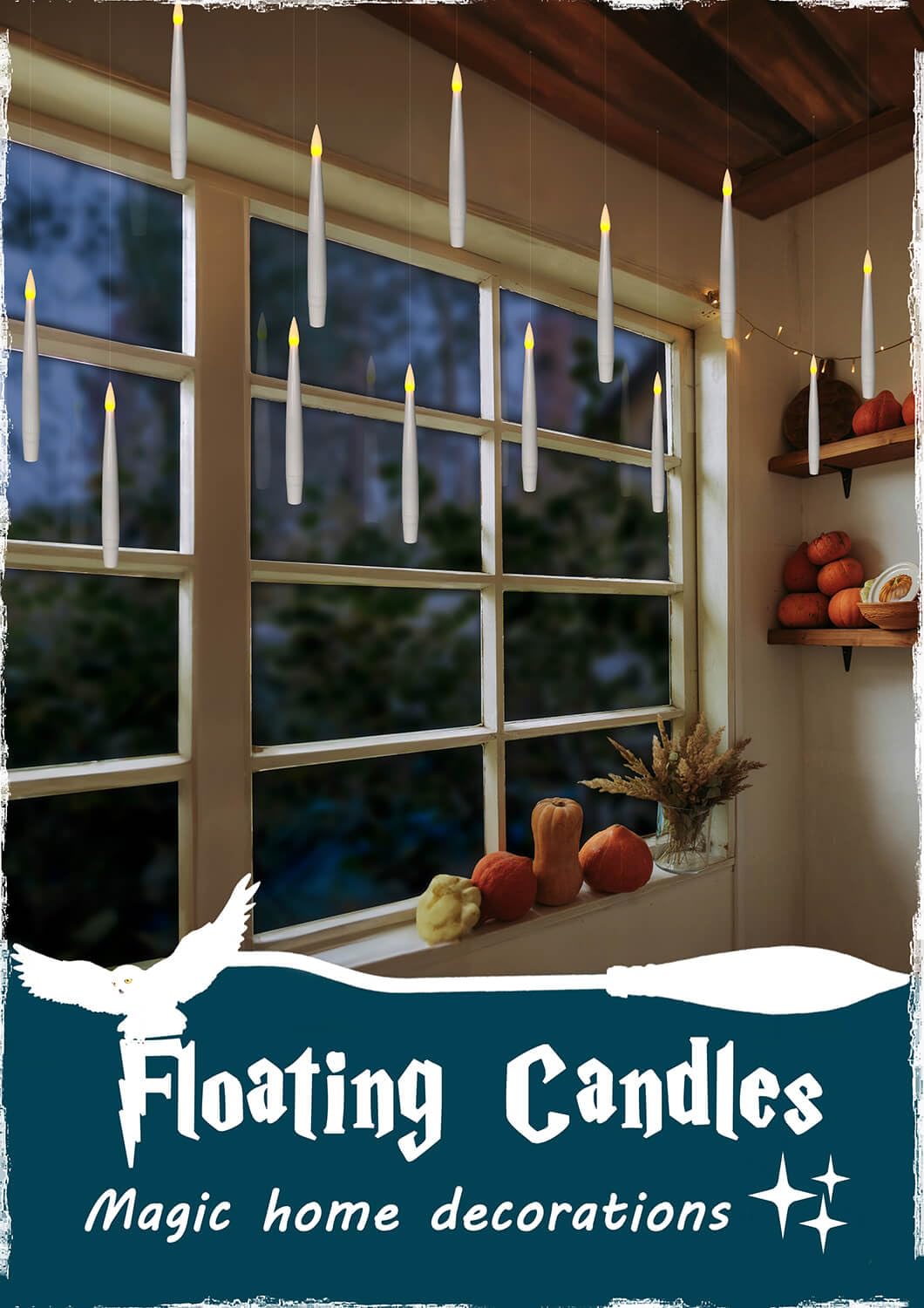 Leejec Floating Candles with Magic Wand Remote (6/18H Timer), 20pcs 6.1” Hanging Flameless Taper Candles, Flickering Warm Light, Halloween Christmas Classroom Windows Wedding Party Decor(White)