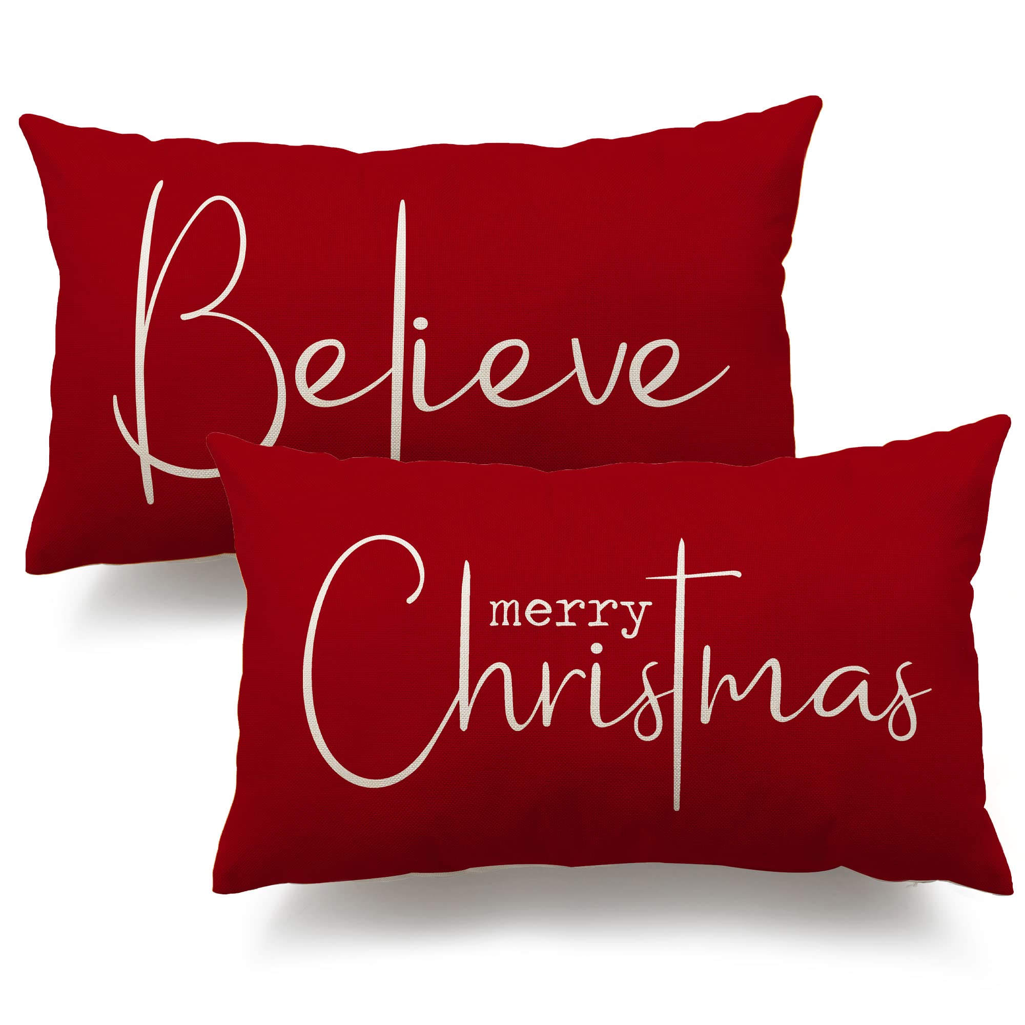 Christmas Throw Pillow Covers 12x20 Inch Set of 2 Merry Christmas Farmhouse Decorations Believe Holiday Decor Throw Cushion Case for Home Couch