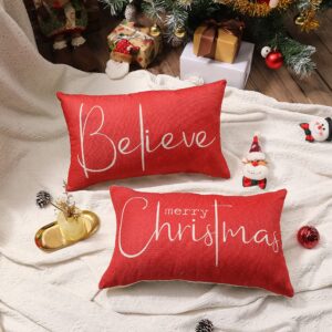 Christmas Throw Pillow Covers 12x20 Inch Set of 2 Merry Christmas Farmhouse Decorations Believe Holiday Decor Throw Cushion Case for Home Couch