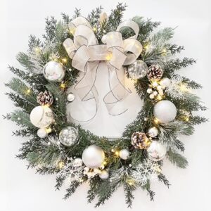 prelit christmas wreath with white bow and ball ornaments, tokcare 20 inch christmas wreath with lights for front door battery operated timer 40 led lights, holiday decoration for fireplace xmas decor