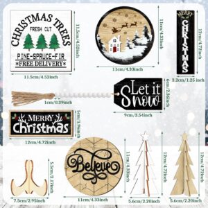 10 Pcs Christmas Tiered Tray Decor Winter Tiered Tray Decorations Set Pine Christmas Tree Tabletop Decor Let It Snow Merry Christmas Wooden Signs for Home Office Kitchen Holiday