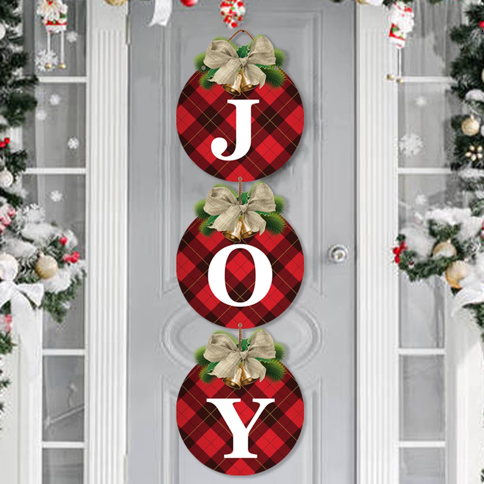 Buffalo Plaid Christmas Wreaths for Front Door - 3pcs Rustic Christmas Decor JOY Signs Wreaths for Door Holiday Xmas Garage Door Wall Decorations Indoor Outdoor