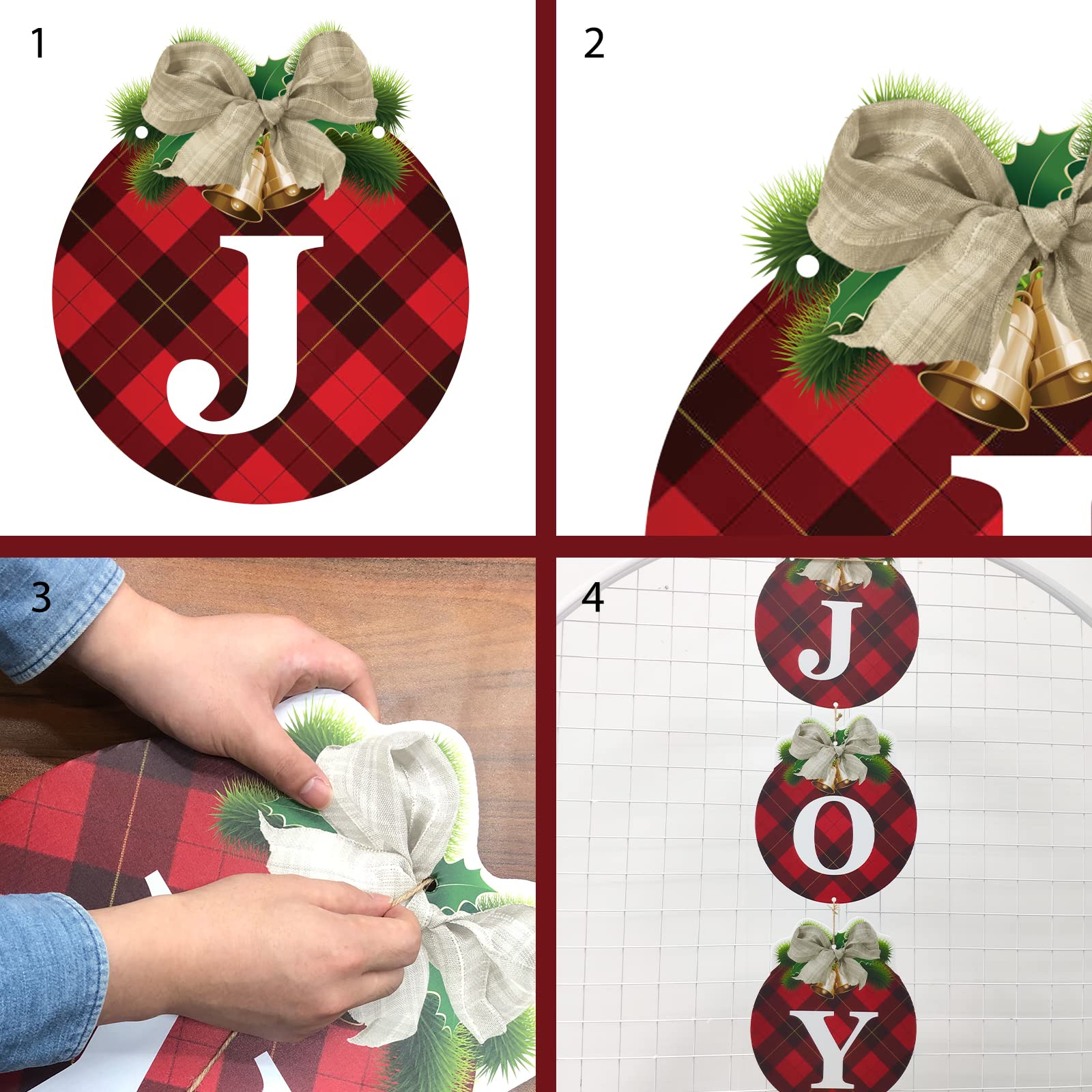 Buffalo Plaid Christmas Wreaths for Front Door - 3pcs Rustic Christmas Decor JOY Signs Wreaths for Door Holiday Xmas Garage Door Wall Decorations Indoor Outdoor