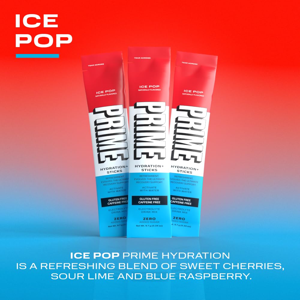 PRIME HYDRATION+ Sticks ICE POP | Hydration Powder Single Serve Sticks | Electrolyte Powder On The Go | Low Sugar | Caffeine-Free | Vegan | 16 Sticks