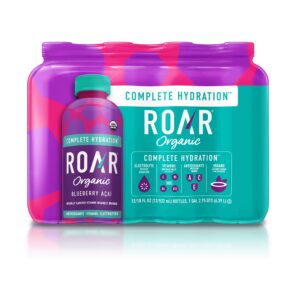 roar organic electrolyte infusions - usda organic - blueberry acai - with antioxidants, b vitamins, low-calorie, low-sugar, low-carb, coconut water infused beverage 18 fl oz (pack of 12)