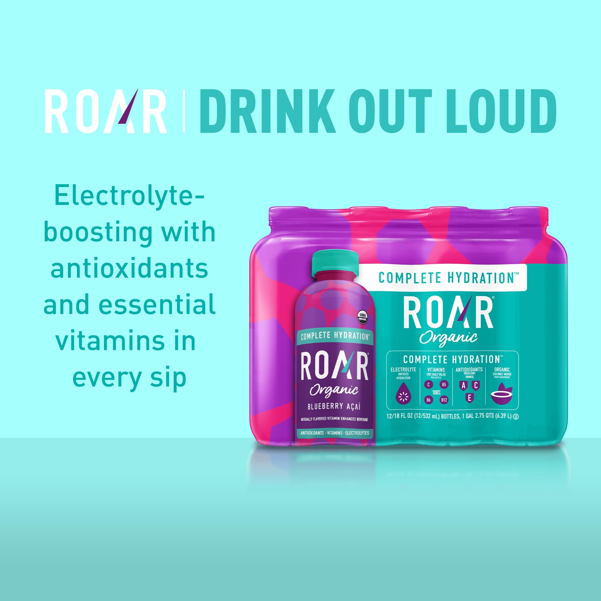 Roar Organic Electrolyte Infusions - USDA Organic - Blueberry Acai - with Antioxidants, B Vitamins, Low-Calorie, Low-Sugar, Low-Carb, Coconut Water Infused Beverage 18 Fl Oz (Pack of 12)