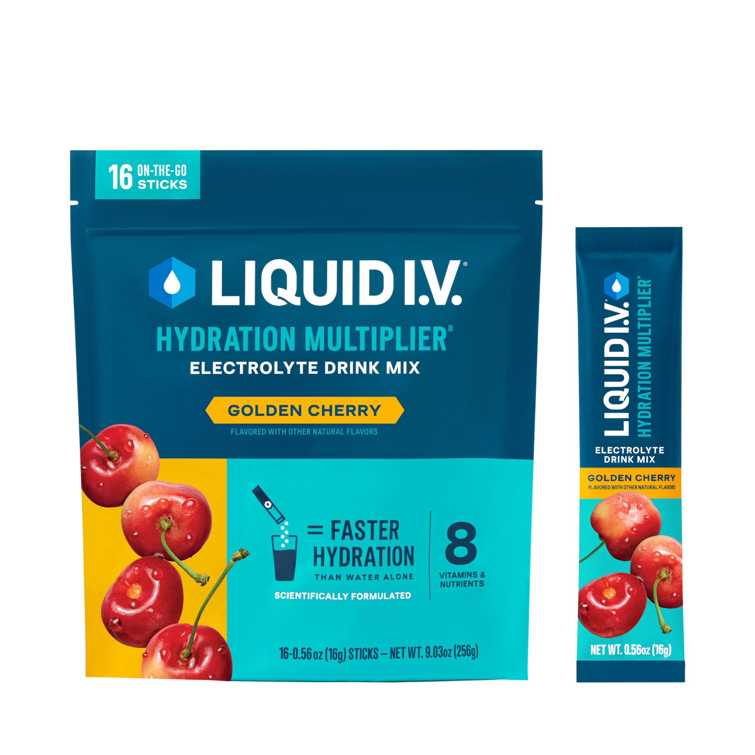 Liquid I.V.® Hydration Multiplier® - Golden Cherry - Hydration Powder Packets | Electrolyte Powder Drink Mix | Convenient Single-Serving Sticks | Non-GMO | 1 Pack (16 Servings)