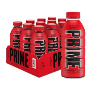 prime hydration tropical punch | sports drinks | electrolyte enhanced for ultimate hydration | 250mg bcaas | b vitamins | antioxidants | 2g of sugar | 16.9 fluid ounce | 12 pack