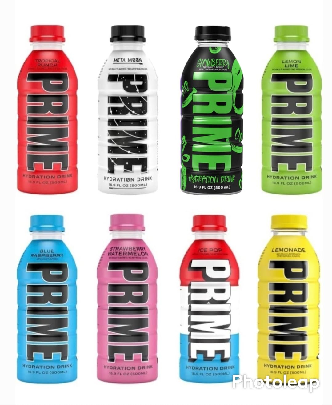 Prime Hydration Sports Drink All 8 Flavors Variety Pack - Energy Drink, Electrolyte Beverage - Meta Moon, Lemon Lime, Tropical Punch, Blue Raspberry, Glowberry, Lemonade, Ice Pop & Strawberry Watermelon - 16.9 Fl Oz (8-Pack)