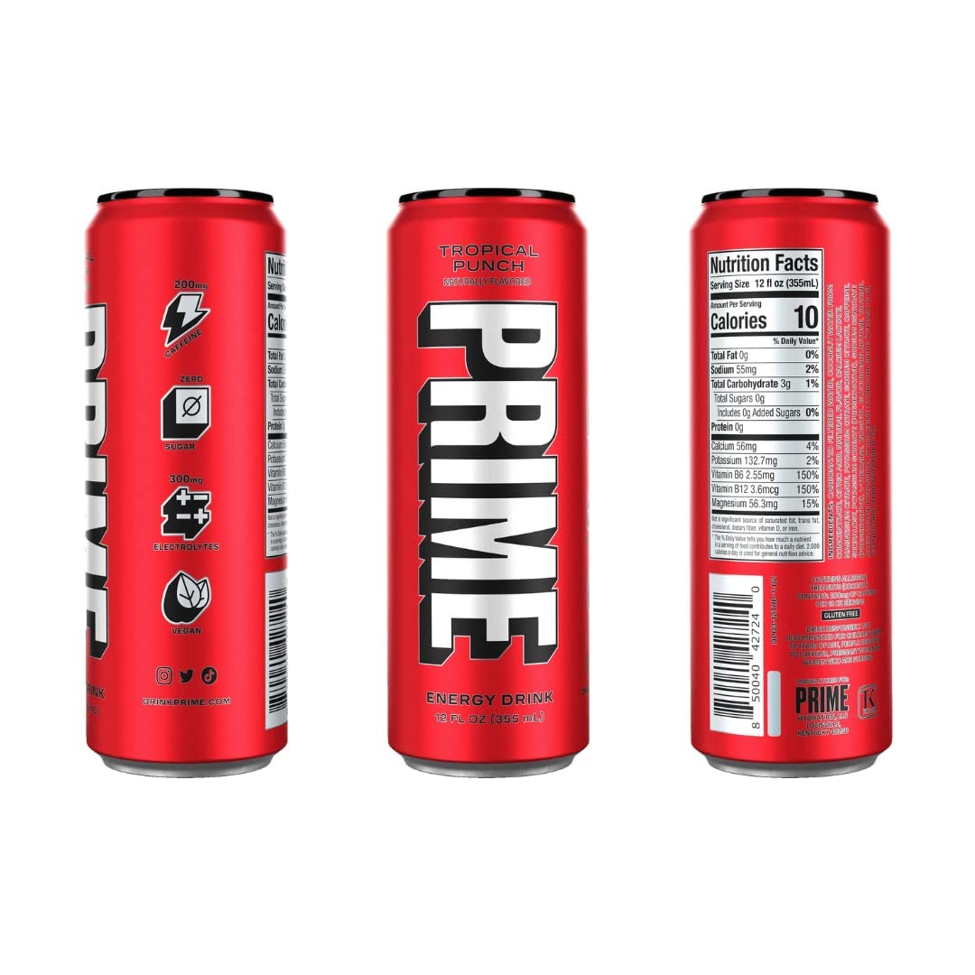 Prime Hydration Drink Energy Cans 6 Flavor Variety Sampler Pack! - 200mg Caffeine, Zero Sugar, 300mg Electrolytes, Vegan - (12 Fl Oz Cans)