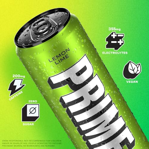 PRIME Energy LEMON LIME | Zero Sugar Energy Drink | Preworkout Energy | 200mg Caffeine with 355mg of Electrolytes and Coconut Water for Hydration| Vegan | Gluten Free |12 Fluid Ounce | 24 Pack