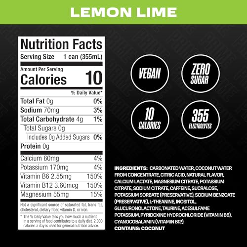 PRIME Energy LEMON LIME | Zero Sugar Energy Drink | Preworkout Energy | 200mg Caffeine with 355mg of Electrolytes and Coconut Water for Hydration| Vegan | Gluten Free |12 Fluid Ounce | 24 Pack