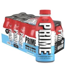 prime hydration drink sports beverage "ice pop," naturally flavored, 10% coconut water, 250mg bcaas, b vitamins, antioxidants, 834mg electrolytes, only 20 calories per 16.9 fl oz bottle (pack of 15)