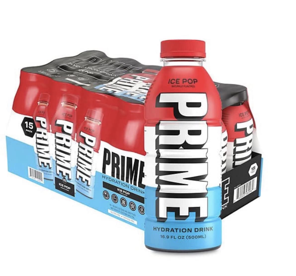 Prime Hydration Drink Sports Beverage "ICE POP," Naturally Flavored, 10% Coconut Water, 250mg BCAAs, B Vitamins, Antioxidants, 834mg Electrolytes, Only 20 Calories per 16.9 Fl Oz Bottle (Pack of 15)