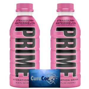 prime-hydration drink - two (2) bottles of 16.9fl oz sports drink and electrolyte beverage, plus curecor collective sticker! (strawberry watermelon)