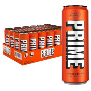 PRIME Energy ORANGE MANGO | Zero Sugar Energy Drink | Preworkout Energy | 200mg Caffeine with 355mg of Electrolytes and Coconut Water for Hydration| Vegan | Gluten Free |12 Fluid Ounce | 24 Pack