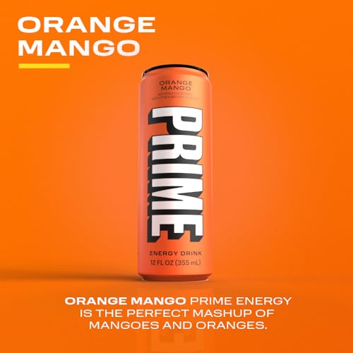 PRIME Energy ORANGE MANGO | Zero Sugar Energy Drink | Preworkout Energy | 200mg Caffeine with 355mg of Electrolytes and Coconut Water for Hydration| Vegan | Gluten Free |12 Fluid Ounce | 24 Pack