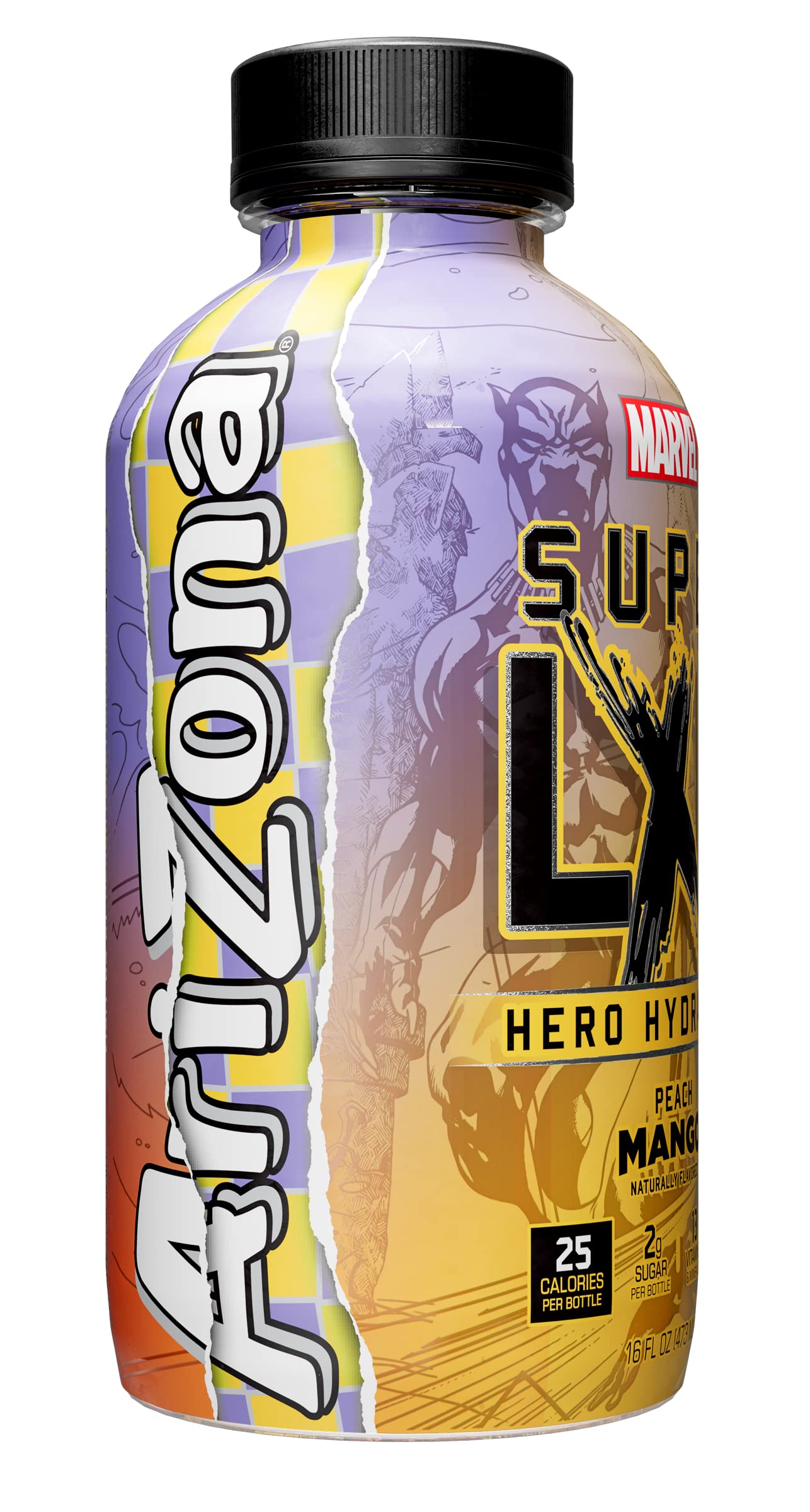 AriZona x Marvel Super LXR Hero Hydration - Peach Mango - 16oz (Pack of 12), Perfect for Athletes, Low Calorie with Electrolytes, Vitamins and Natural Flavors - Thirst Quencher