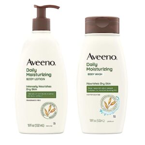 aveeno daily moisturizing lotion & wash regimen pack, nourishing daily moisturizing body lotion for dry skin, 18 oz, & hydrating body wash with soothing prebiotic oat, 18 oz, 2 items