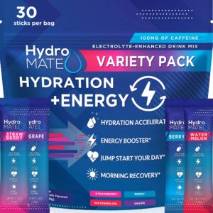 hydromate electrolytes powder drink mix packets hydration accelerator low sugar rapid party relief recovery vitamin c plus caffeine variety pack 30 count