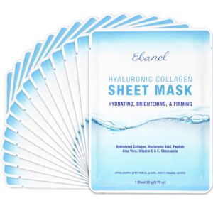 ebanel 15 pack collagen peptide hydrating face masks, instant brightening firming anti aging face sheet masks, moisturizing spa face masks skincare with hyaluronic acid, vitamin c, chamomile, aloe