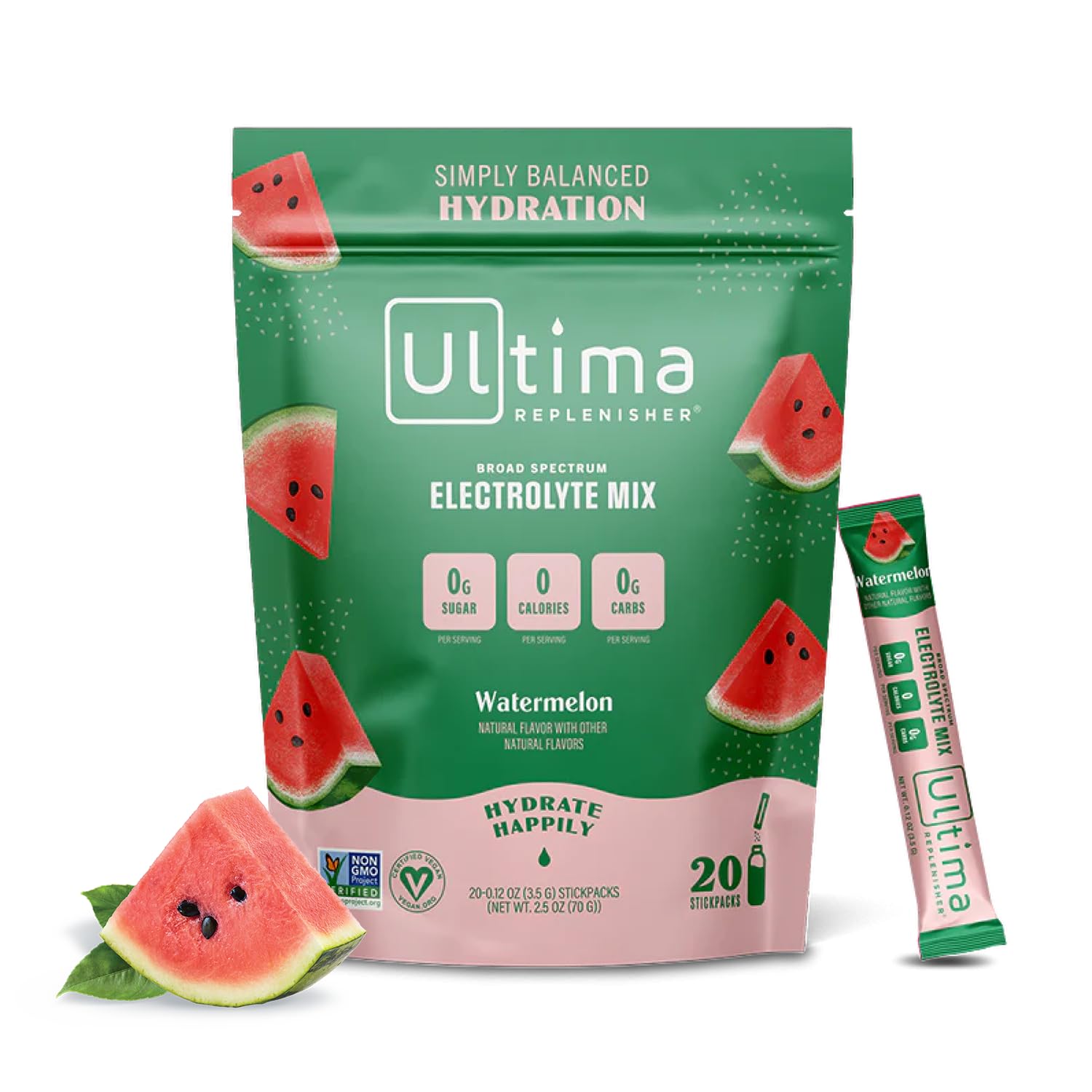 Ultima Replenisher Daily Electrolyte Drink Mix – Watermelon, 20 Stickpacks – Hydration Packets with 6 Electrolytes & Trace Minerals – Keto Friendly, Vegan, Non-GMO & Sugar-Free Electrolyte Powder