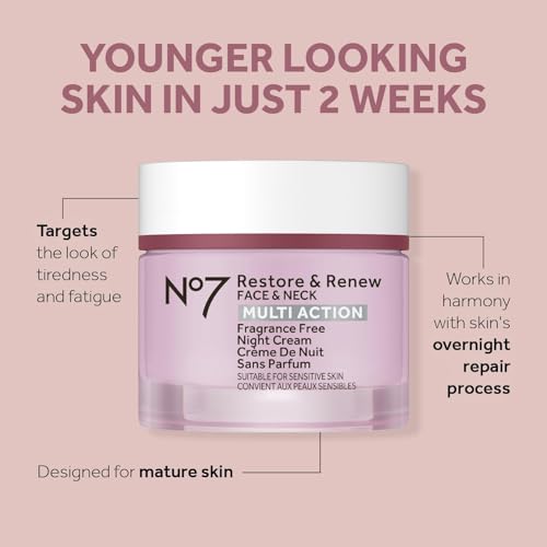 No7 Restore & Renew Multi Action Face & Neck Night Cream - Collagen Peptide Anti-Aging Face Cream - Hydrating Hyaluronic Acid + Skin Firming Fragrance-Free (50ml)