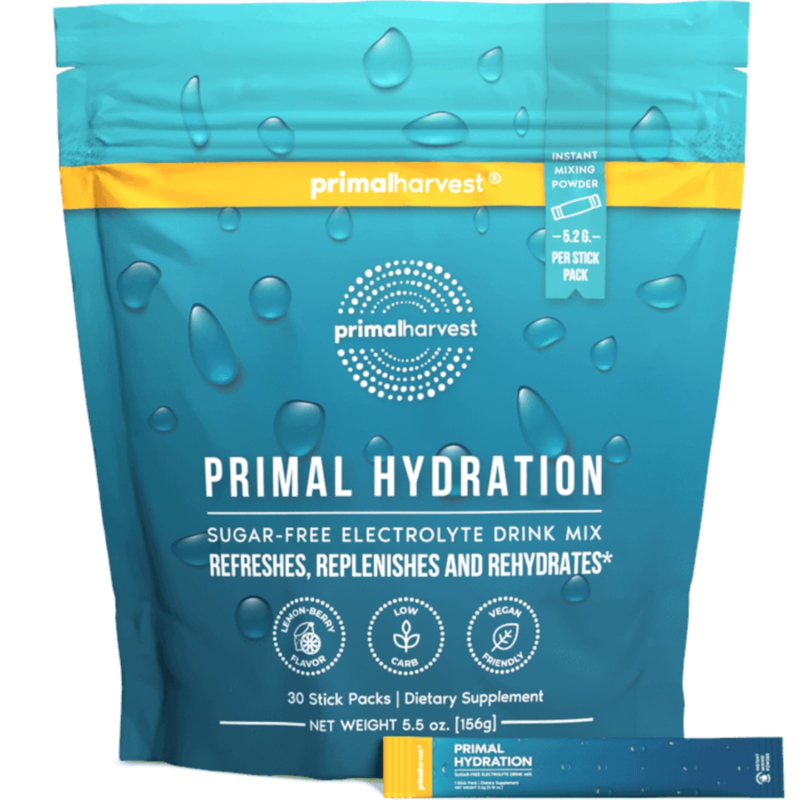 Primal Harvest Electrolytes Powder Packets Primal Hydration, Easy Open Packets, Energy Drink Mix (Lemon Berry, 30 Packs)