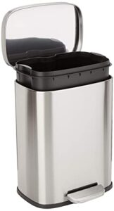 amazon basics smudge resistant small rectangular trash can with soft-close foot pedal, for bathroom/ living room, brushed stainless steel,12 liter/3.1 gal, satin nickel finish,11.3"l x 9.9"w x 15.1"h